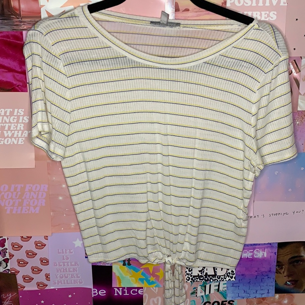 Blue yellow and white striped crop top with tie